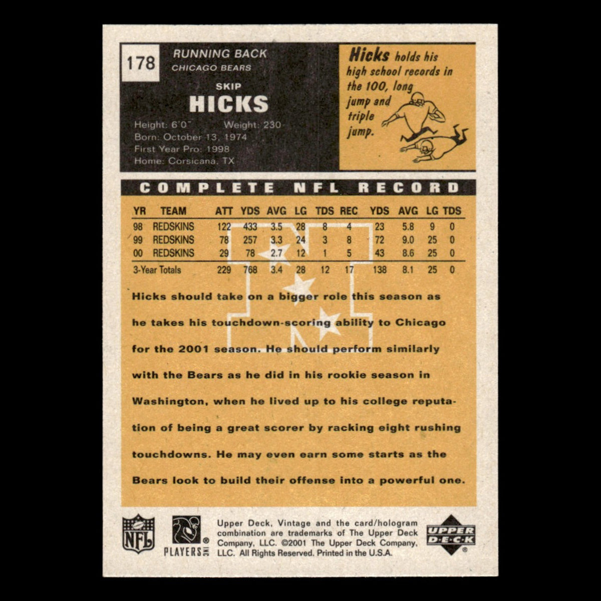Skip Hicks #178 2001 Upper Deck Vintage Chicago Bears Football Card NFL NM
