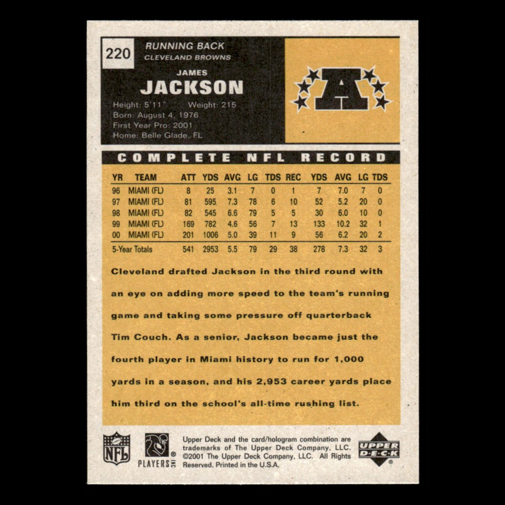 James Jackson Rookie #220 2001 Upper Deck Vintage Cleveland Browns Football Card
