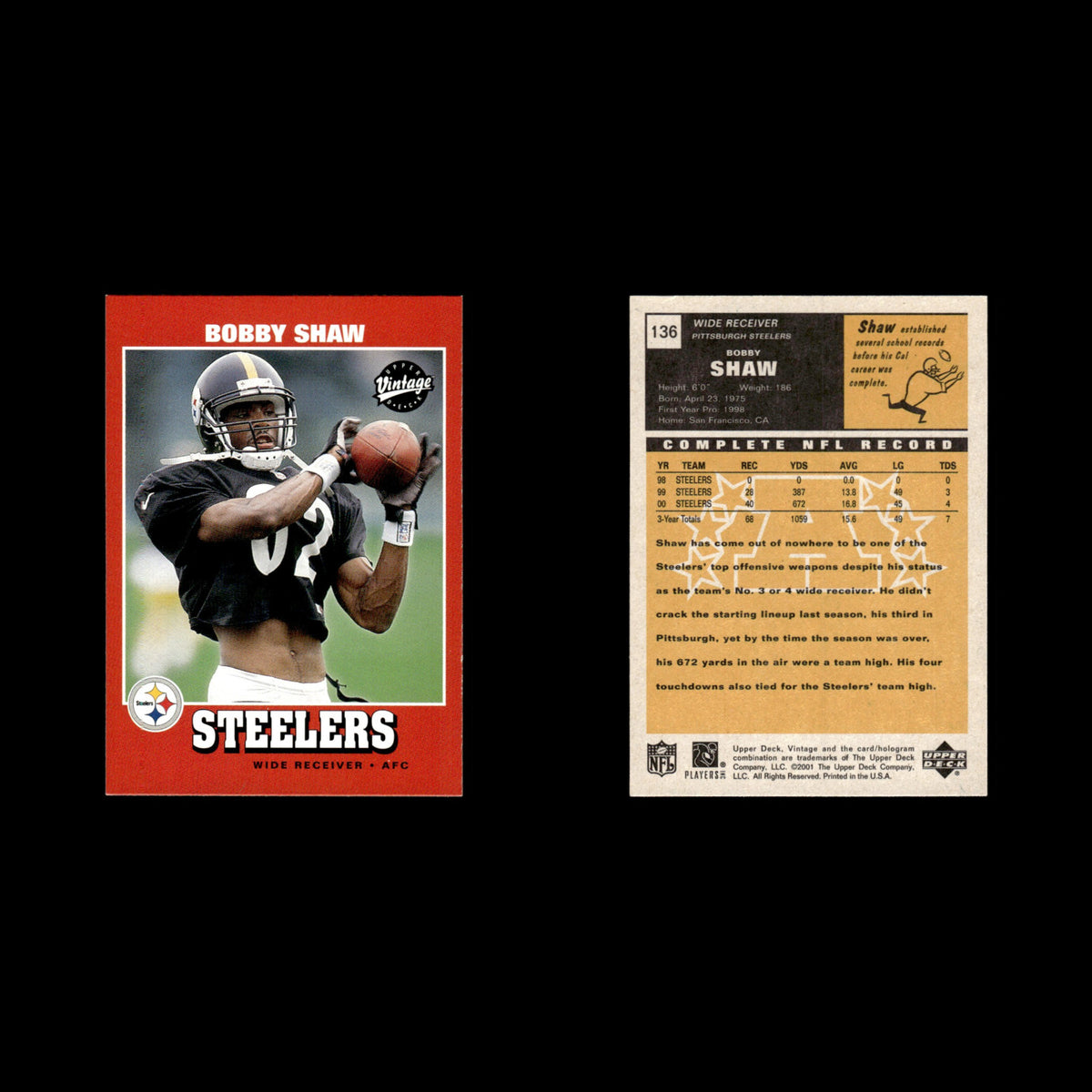 Bobby Shaw #136 2001 Upper Deck Vintage Pittsburgh Steelers Football Card NFL NM