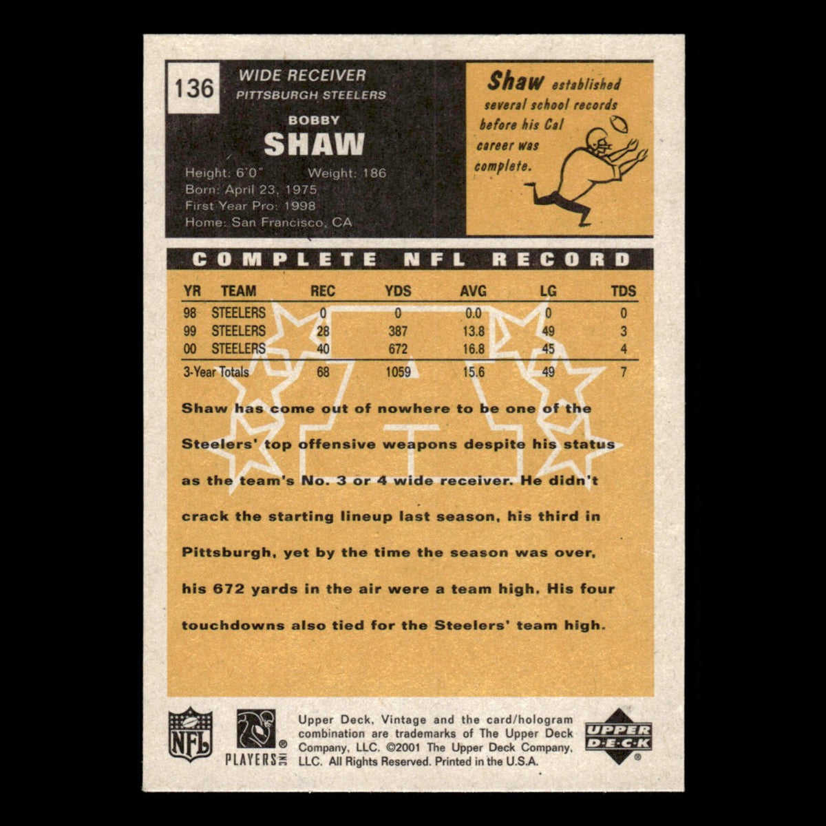 Bobby Shaw #136 2001 Upper Deck Vintage Pittsburgh Steelers Football Card NFL NM