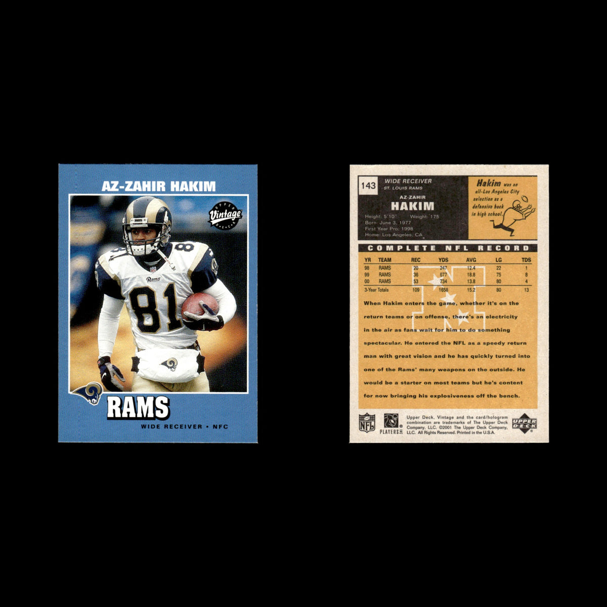 Az-Zahir Hakim #143 2001 Upper Deck Vintage St. Louis Rams Football Card NFL NM