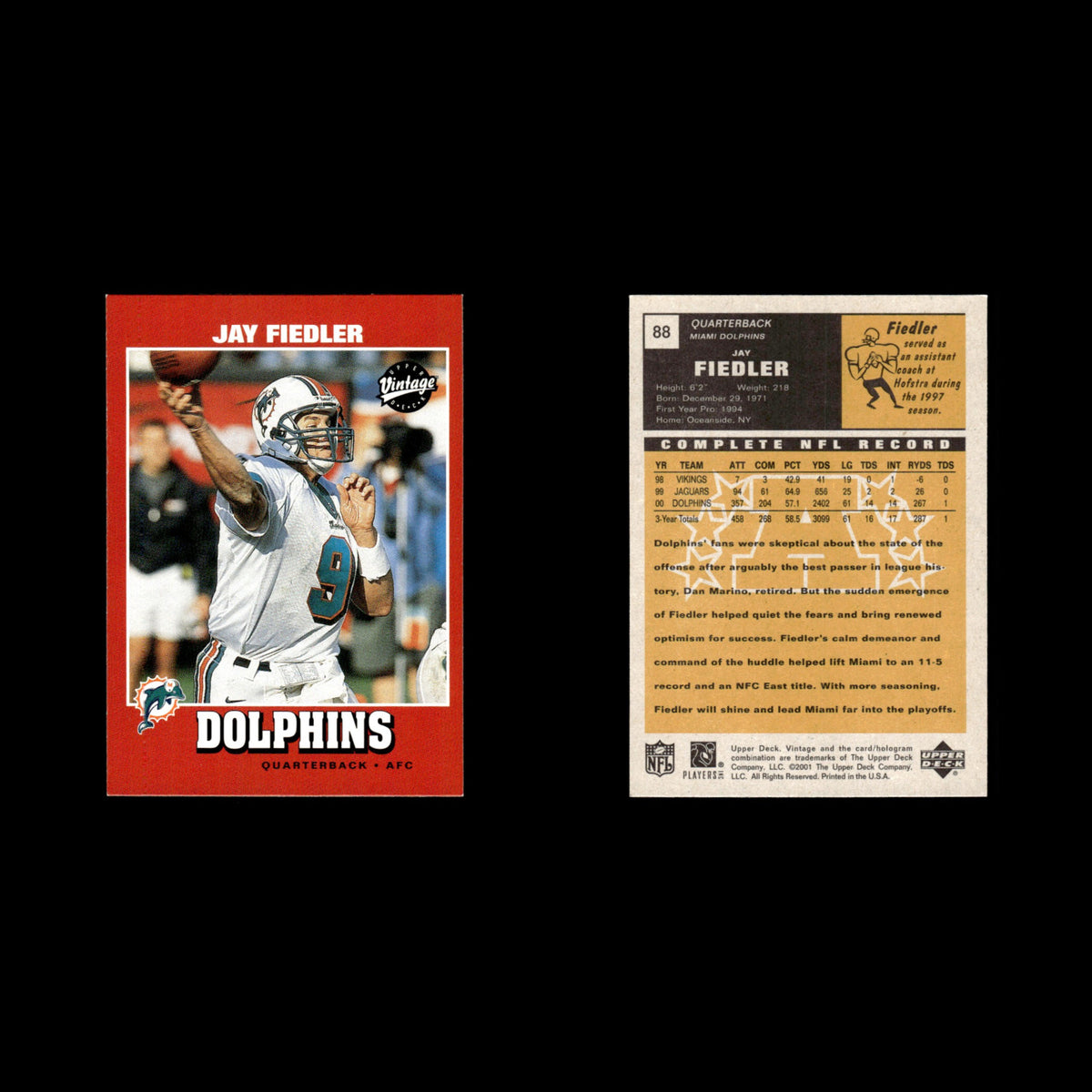 Jay Fiedler #88 2001 Upper Deck Vintage Miami Dolphins Football Card NFL NM