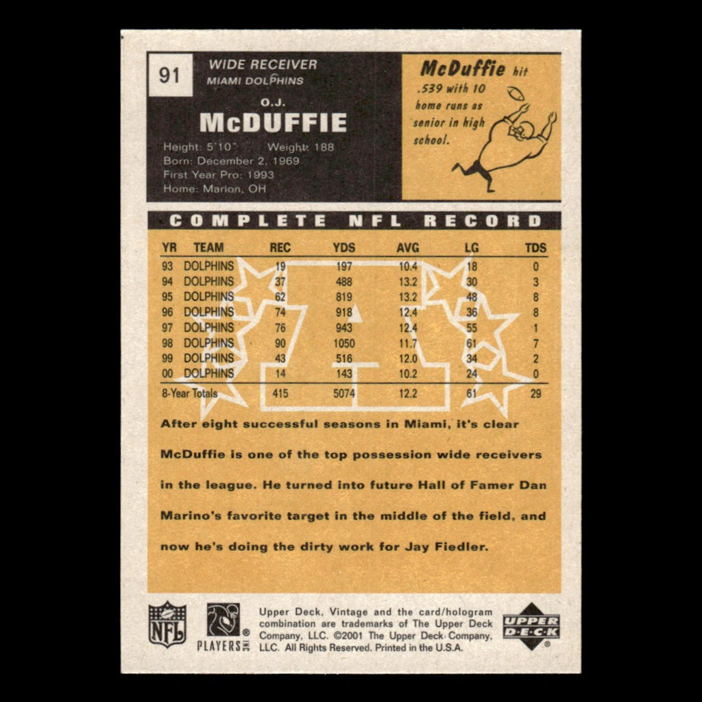 O.J. McDuffie #91 2001 Upper Deck Vintage Miami Dolphins Football Card NFL NM