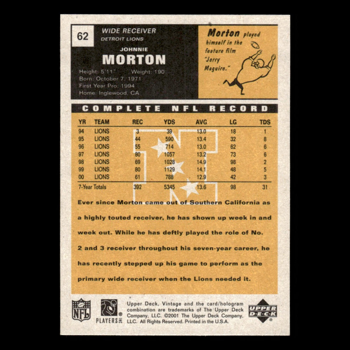 Johnnie Morton #62 2001 Upper Deck Vintage Detroit Lions Football Card NFL NM