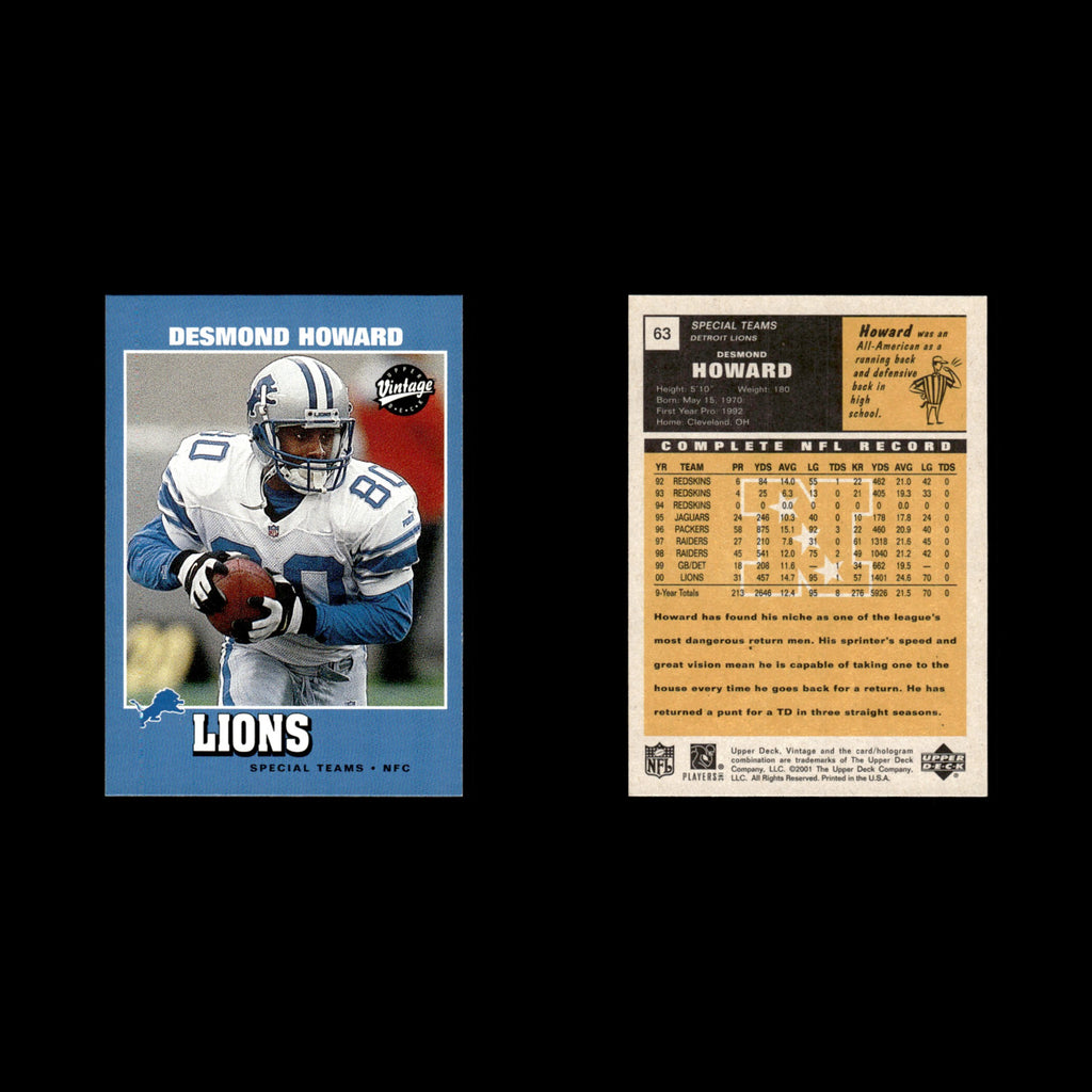 Desmond Howard #63 2001 Upper Deck Vintage Detroit Lions Football Card NFL NM