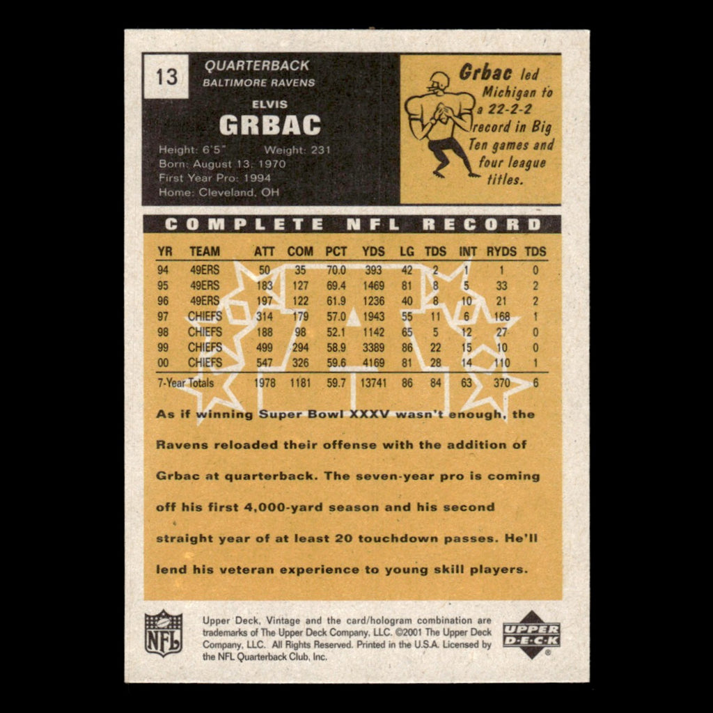 Elvis Grbac #13 2001 Upper Deck Vintage Baltimore Ravens Football Card NFL NM