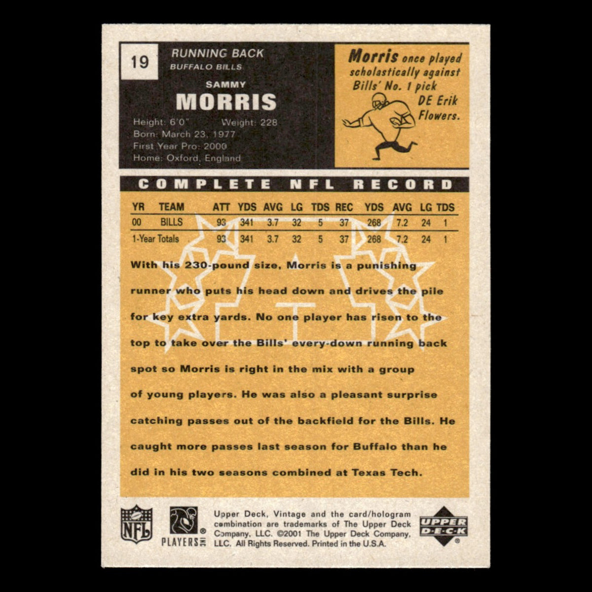 Sammy Morris #19 2001 Upper Deck Vintage Buffalo Bills Football Card NFL NM