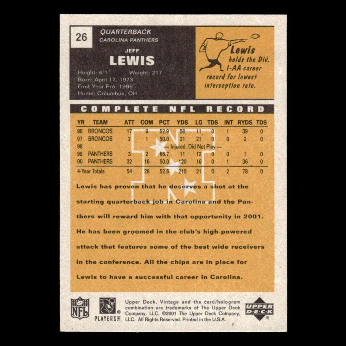 Jeff Lewis #26 2001 Upper Deck Vintage Carolina Panthers Football Card NFL NM