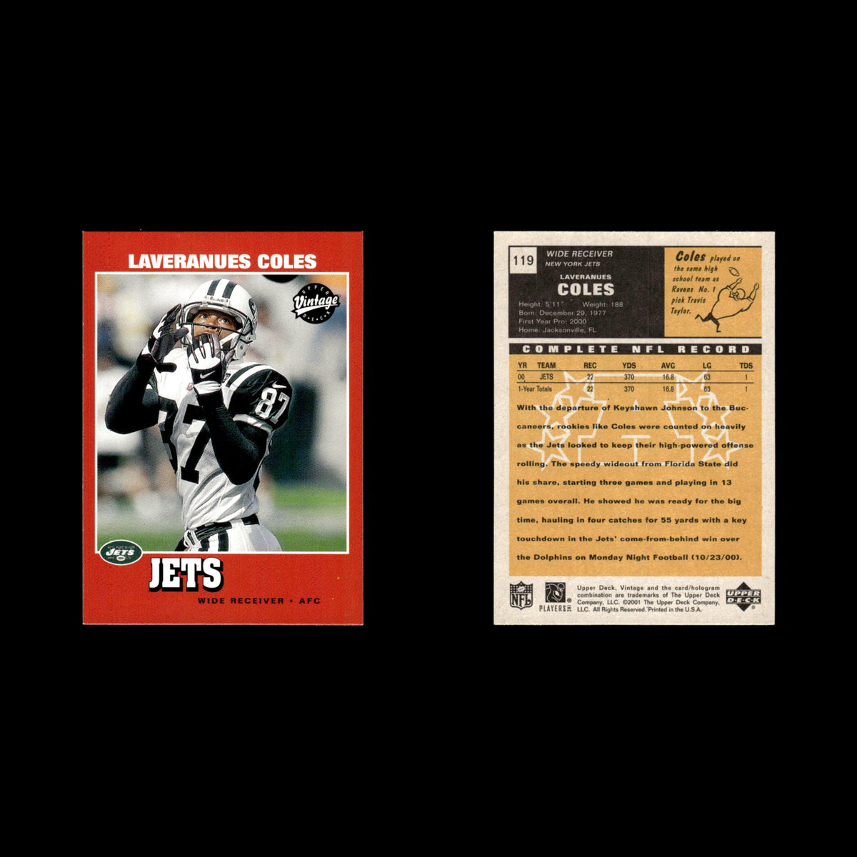 Laveranues Coles #119 2001 Upper Deck Vintage New York Jets Football Card NFL NM