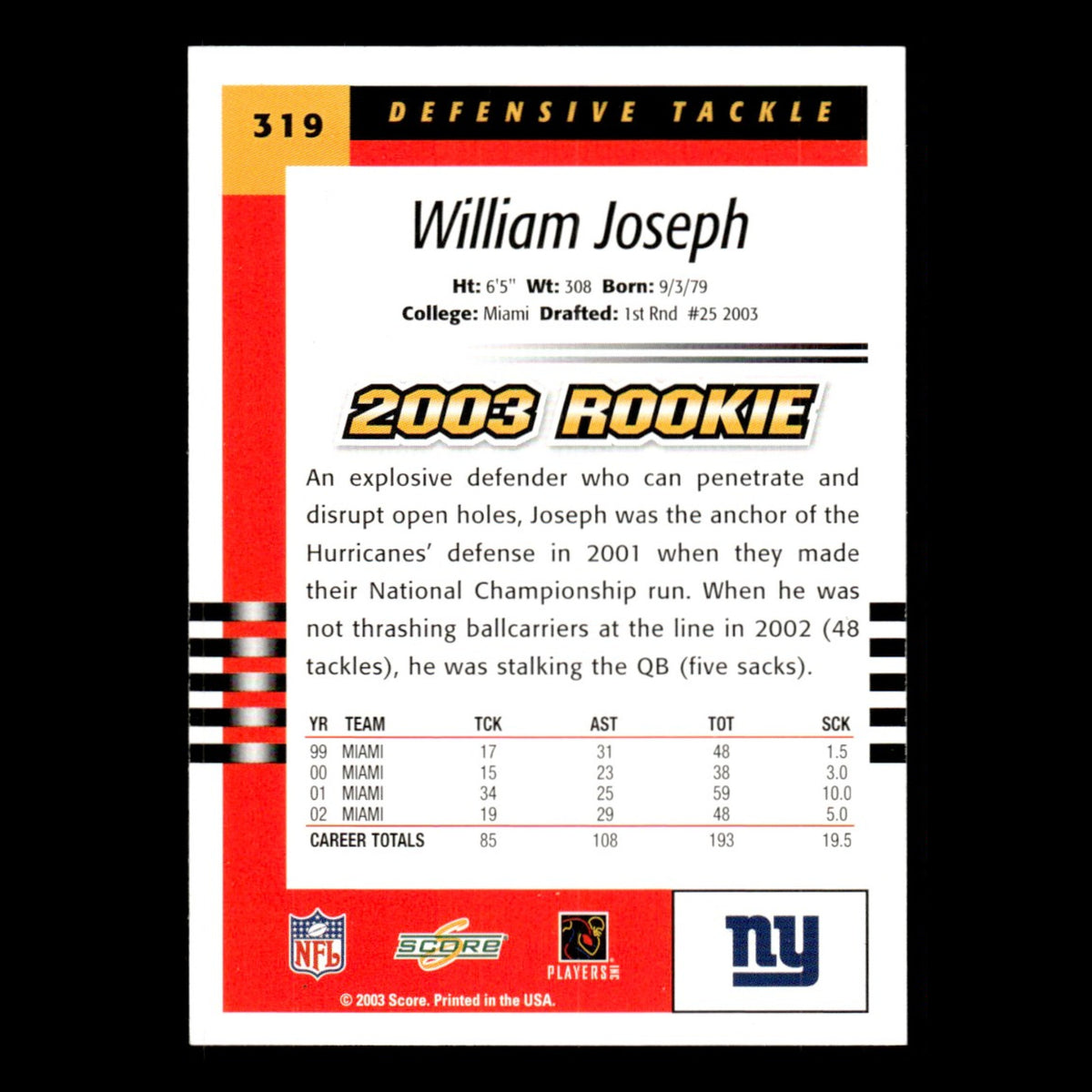 William Joseph Rookie #319 2003 Score New York Giants Football Card NFL NM