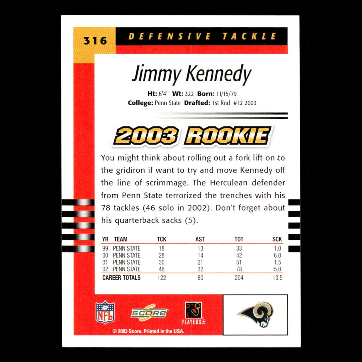 Jimmy Kennedy Rookie #316 2003 Score St. Louis Rams Football Card NFL NM