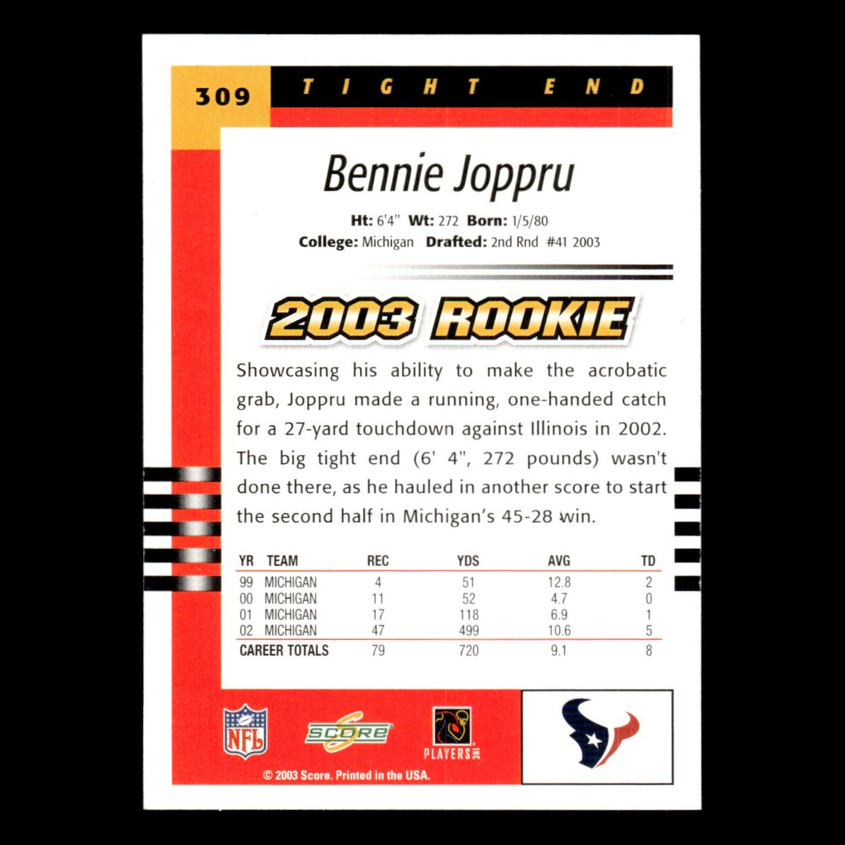 Bennie Joppru Rookie #309 2003 Score Houston Texans Football Card NFL NM