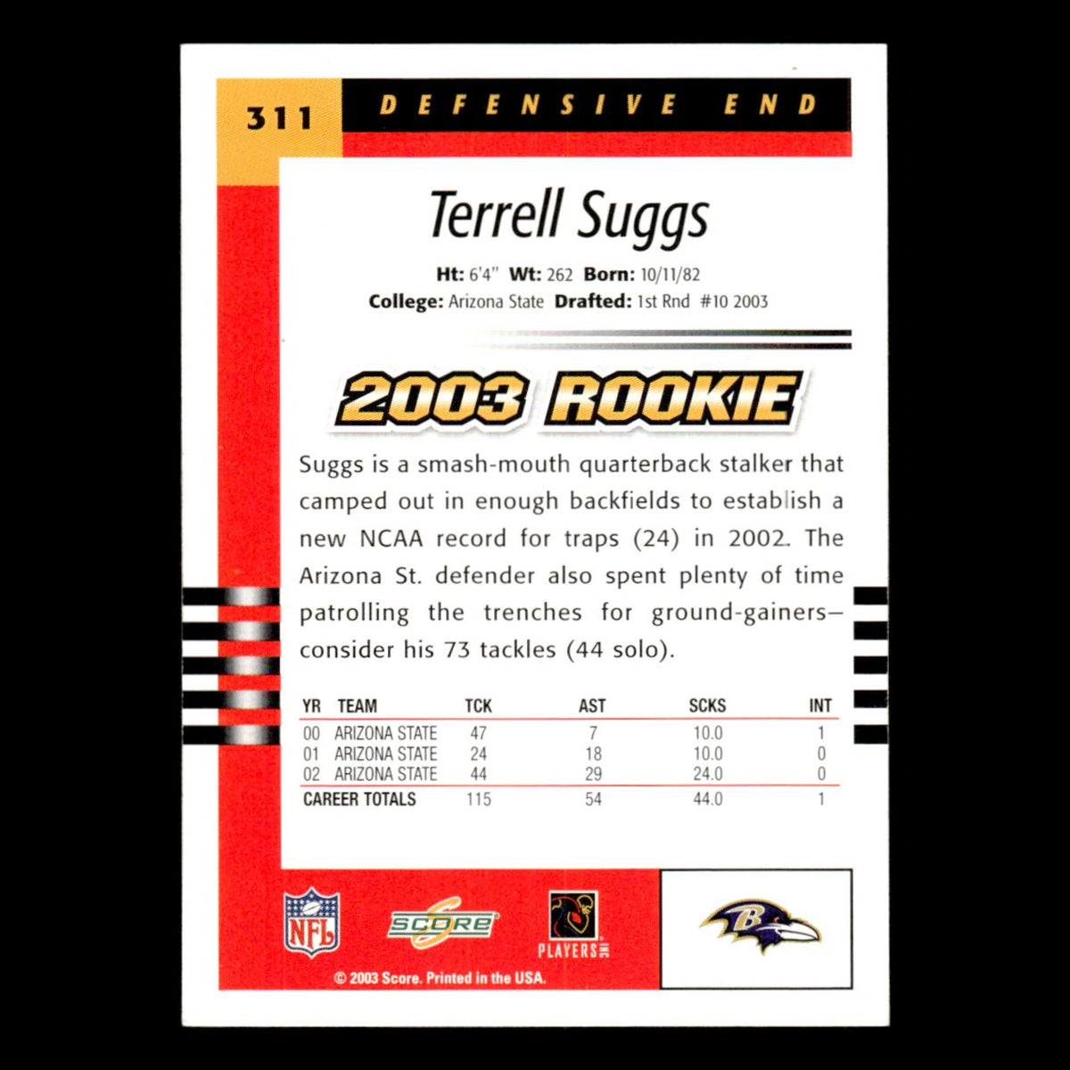 Terrell Suggs Rookie #311 2003 Score Baltimore Ravens Football Card NFL NM