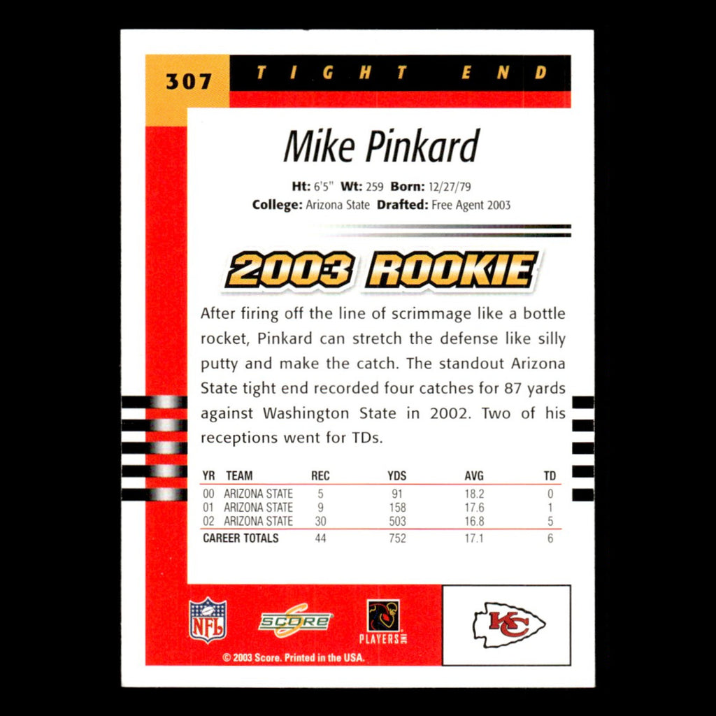 Mike Pinkard Rookie #307 2003 Score Kansas City Chiefs Football Card NFL NM