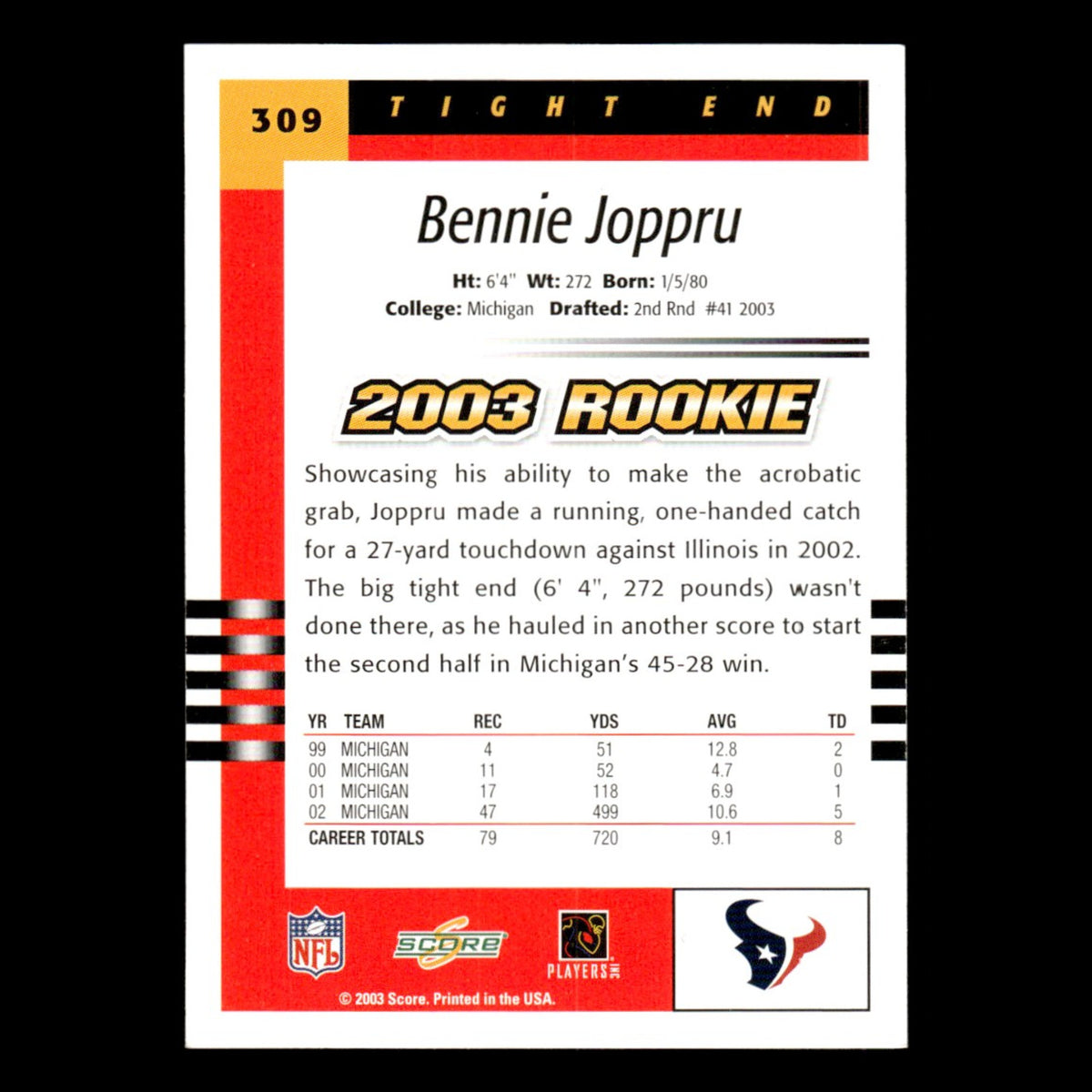 Bennie Joppru Rookie #309 2003 Score Houston Texans Football Card NFL NM