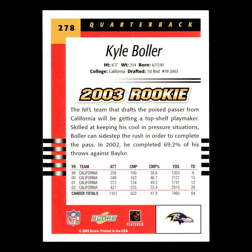 Kyle Boller Rookie #278 2003 Score Baltimore Ravens Football Card NFL NM