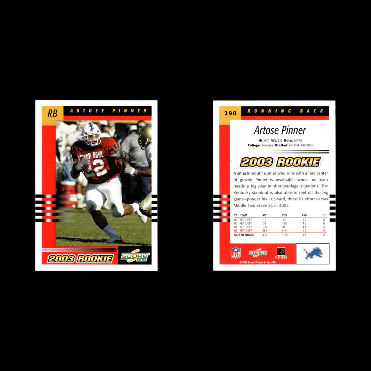 Artose Pinner Rookie #290 2003 Score Detroit Lions Football Card NFL NM