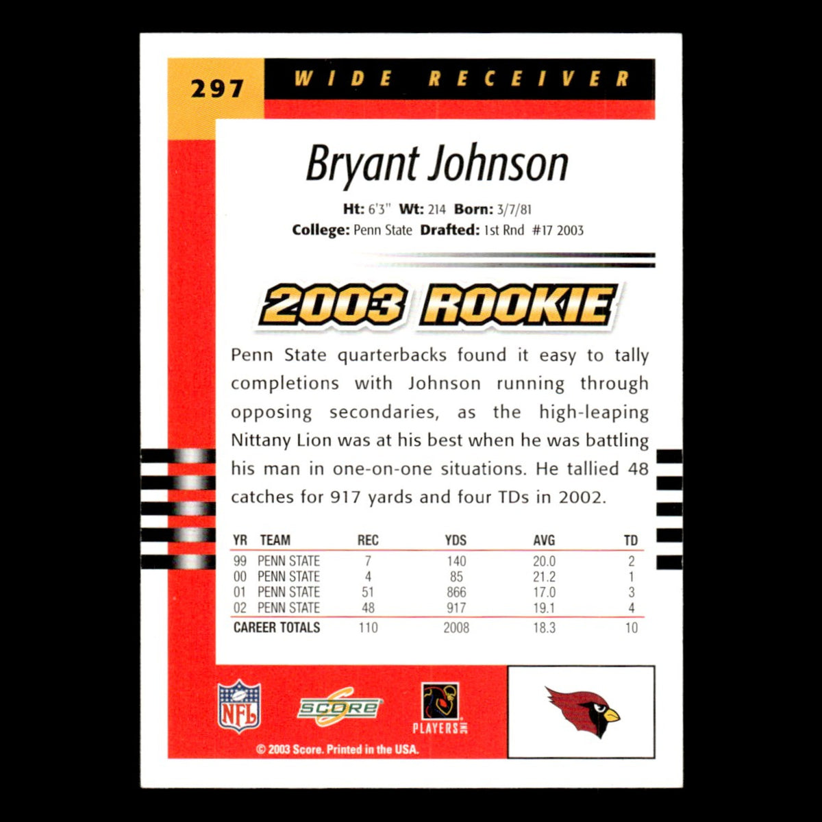 Bryant Johnson Rookie #297 2003 Score Arizona Cardinals Football Card NFL NM
