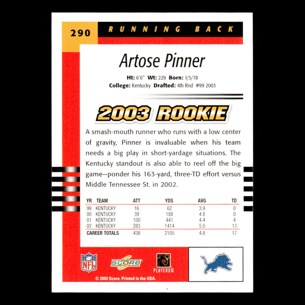 Artose Pinner Rookie #290 2003 Score Detroit Lions Football Card NFL NM