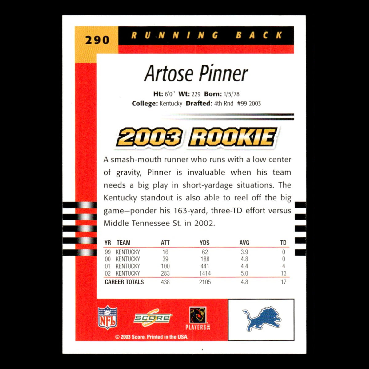 Artose Pinner Rookie #290 2003 Score Detroit Lions Football Card NFL NM