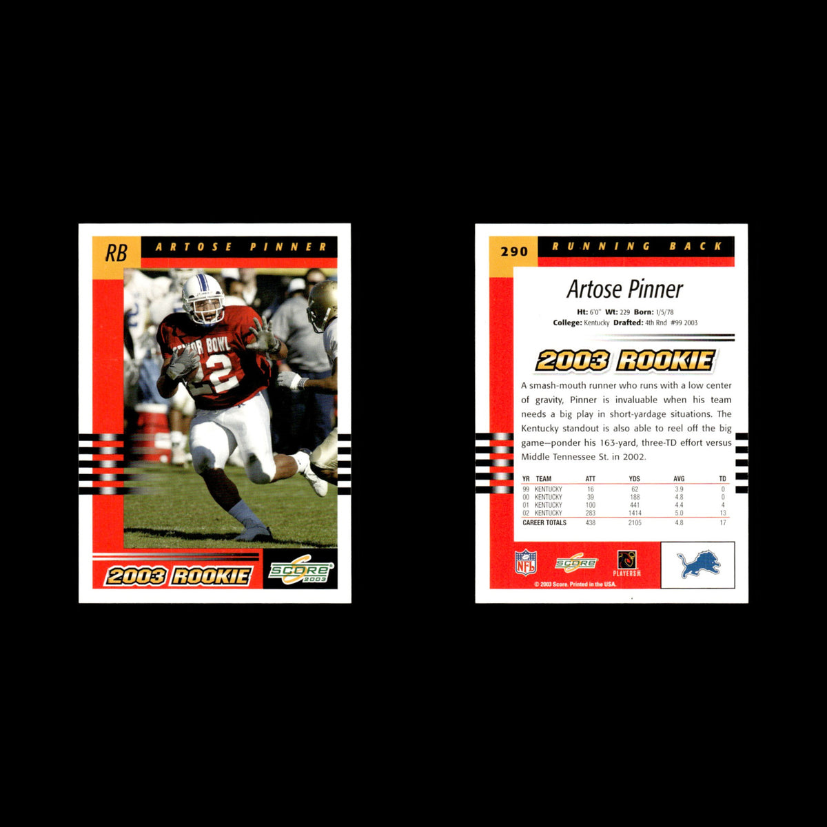 Artose Pinner Rookie #290 2003 Score Detroit Lions Football Card NFL NM
