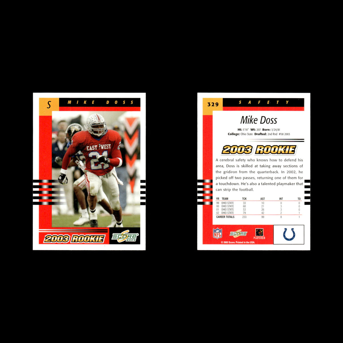 Mike Doss Rookie #329 2003 Score Indianapolis Colts Football Card NFL NM