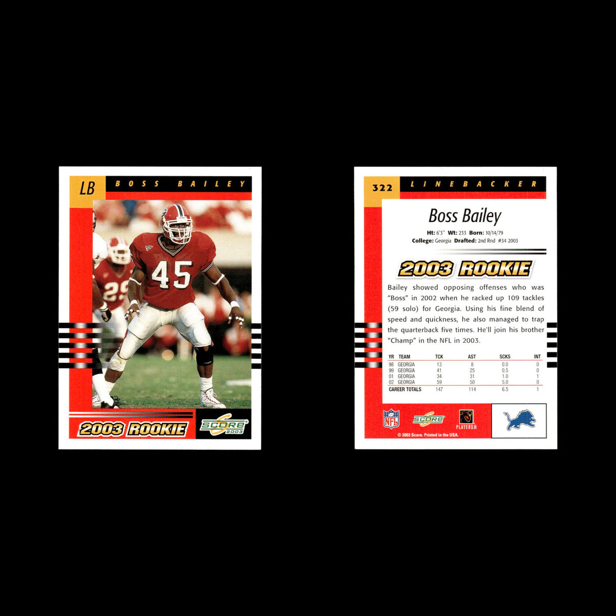 Boss Bailey Rookie #322 2003 Score Detroit Lions Football Card NFL NM