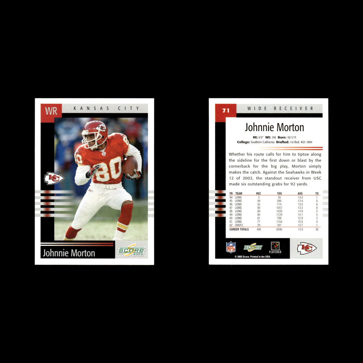 Johnnie Morton #71 2003 Score Kansas City Chiefs Football Card NFL NM