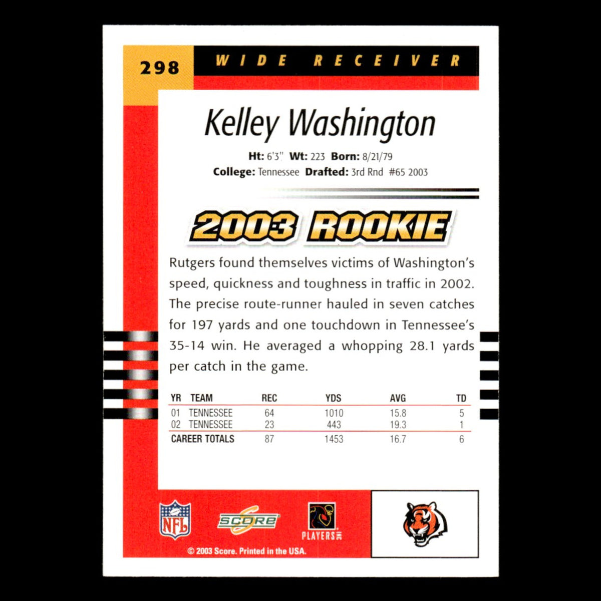 Kelley Washington Rookie #298 2003 Score Cincinnati Bengals Football Card NFL NM
