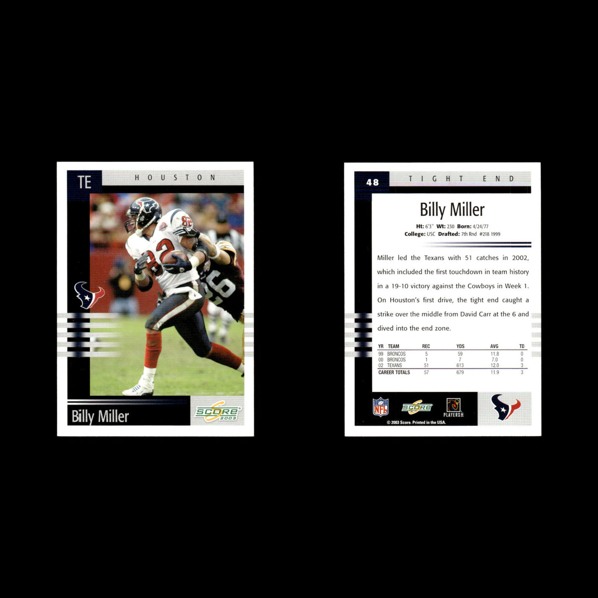 Billy Miller #48 2003 Score Houston Texans Football Card NFL NM