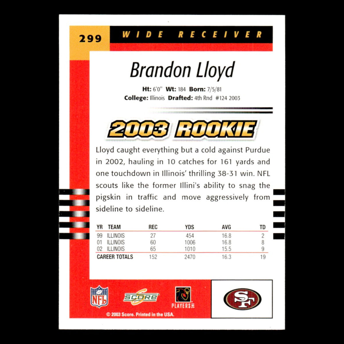 Brandon Lloyd Rookie #299 2003 Score San Francisco 49ers Football Card NFL NM