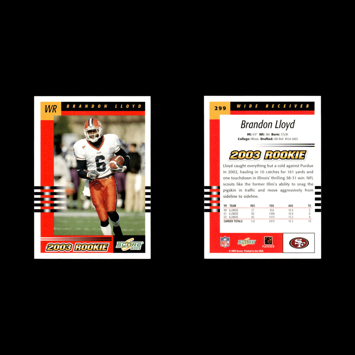 Brandon Lloyd Rookie #299 2003 Score San Francisco 49ers Football Card NFL NM