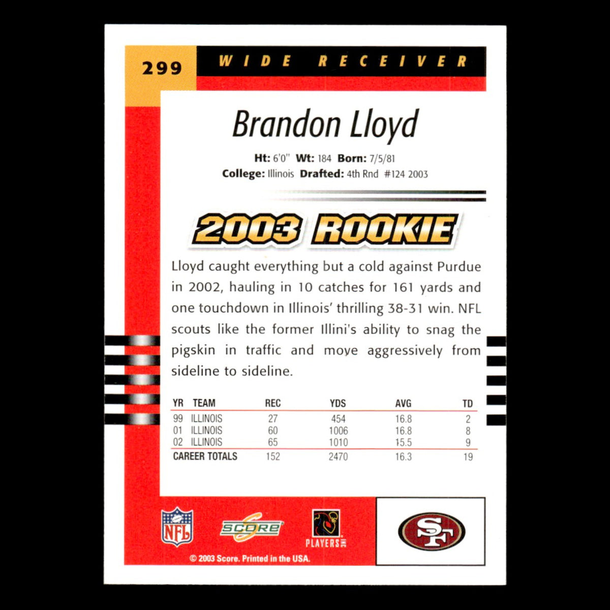 Brandon Lloyd Rookie #299 2003 Score San Francisco 49ers Football Card NFL NM