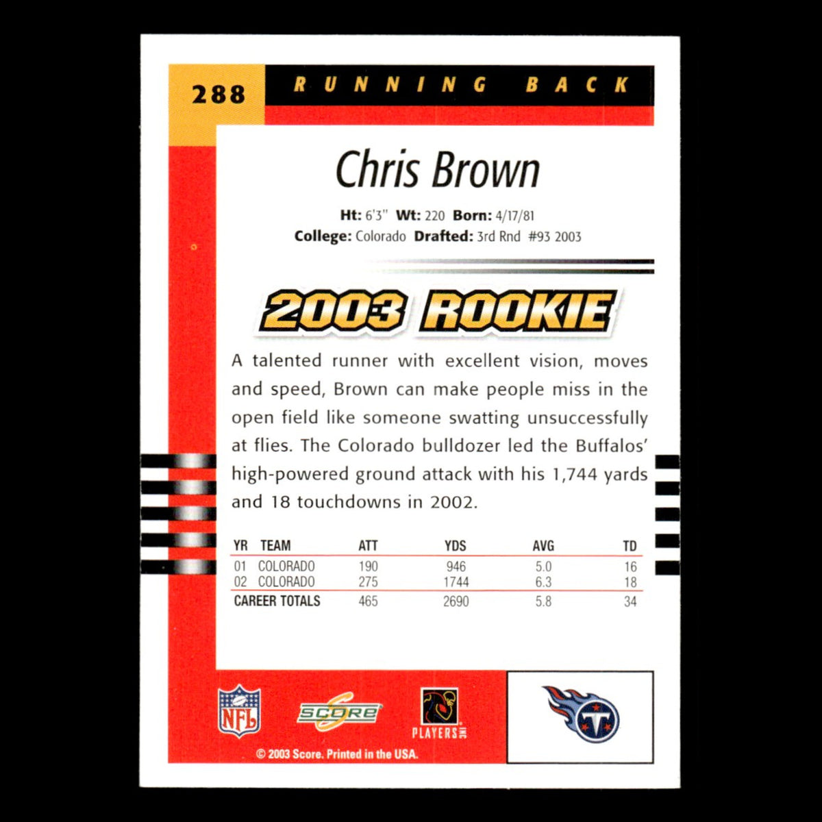 Chris Brown Rookie #288 2003 Score Tennessee Titans Football Card NFL NM
