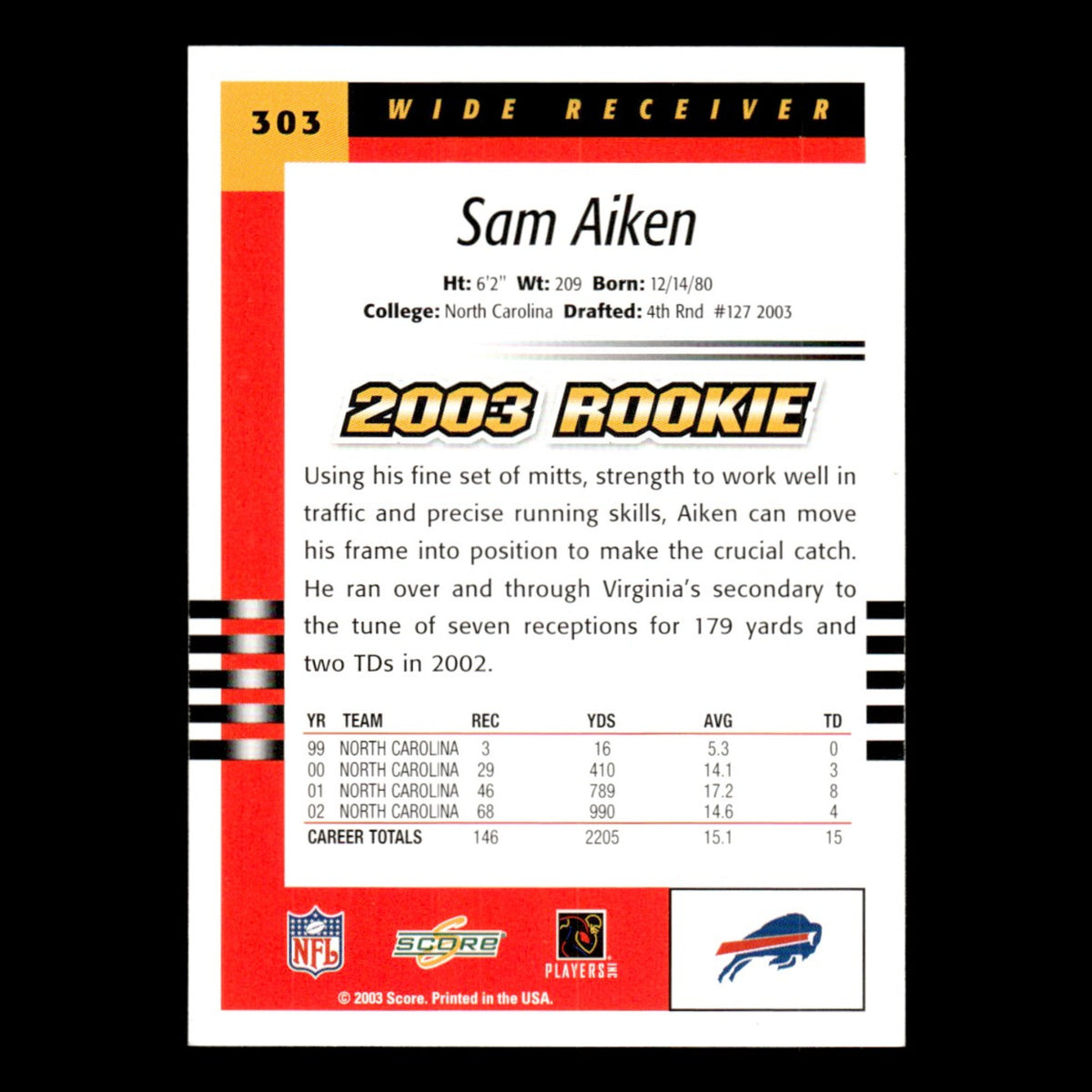Sam Aiken Rookie #303 2003 Score Buffalo Bills Football Card NFL NM