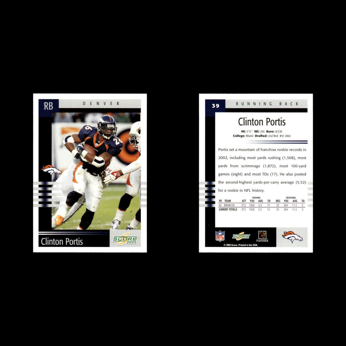 Clinton Portis #39 2003 Score Denver Broncos Football Card NFL NM