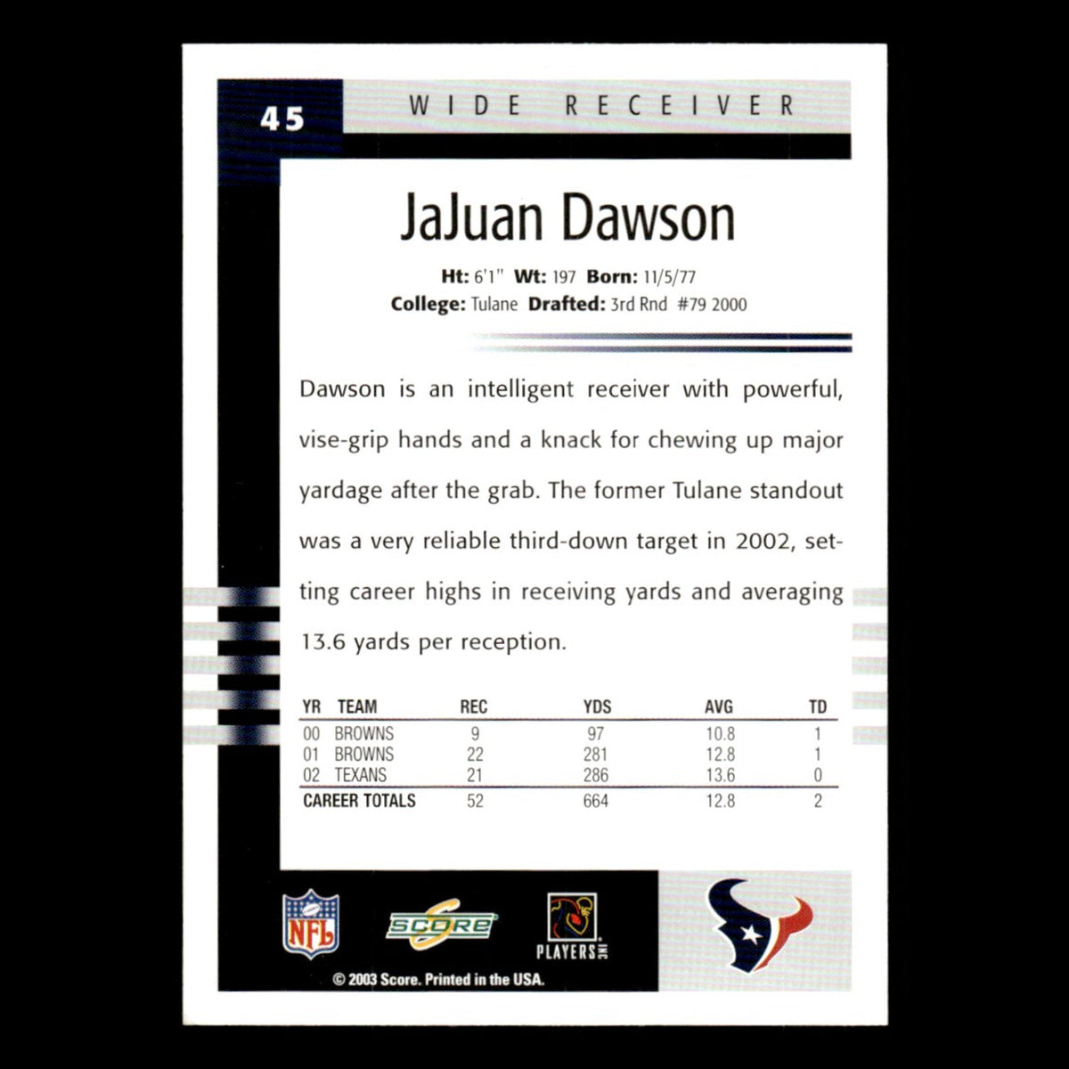 JaJuan Dawson #45 2003 Score Houston Texans Football Card NFL NM