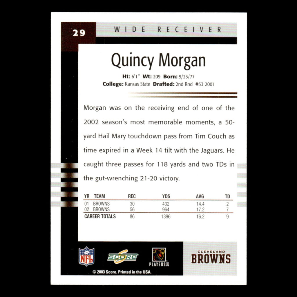 Quincy Morgan #29 2003 Score Cleveland Browns Football Card NFL NM
