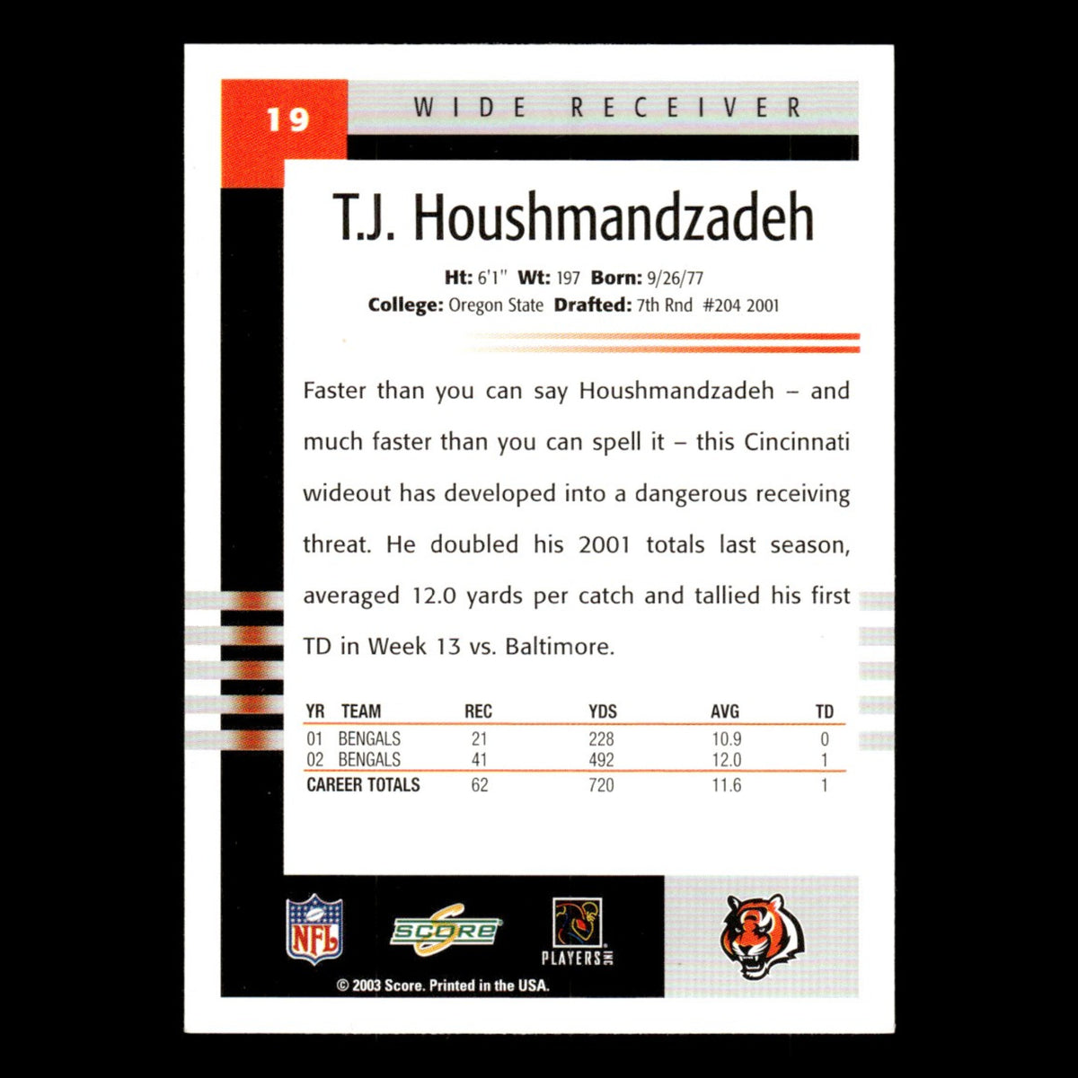 T.J. Houshmandzadeh #19 2003 Score Cincinnati Bengals Football Card NFL NM