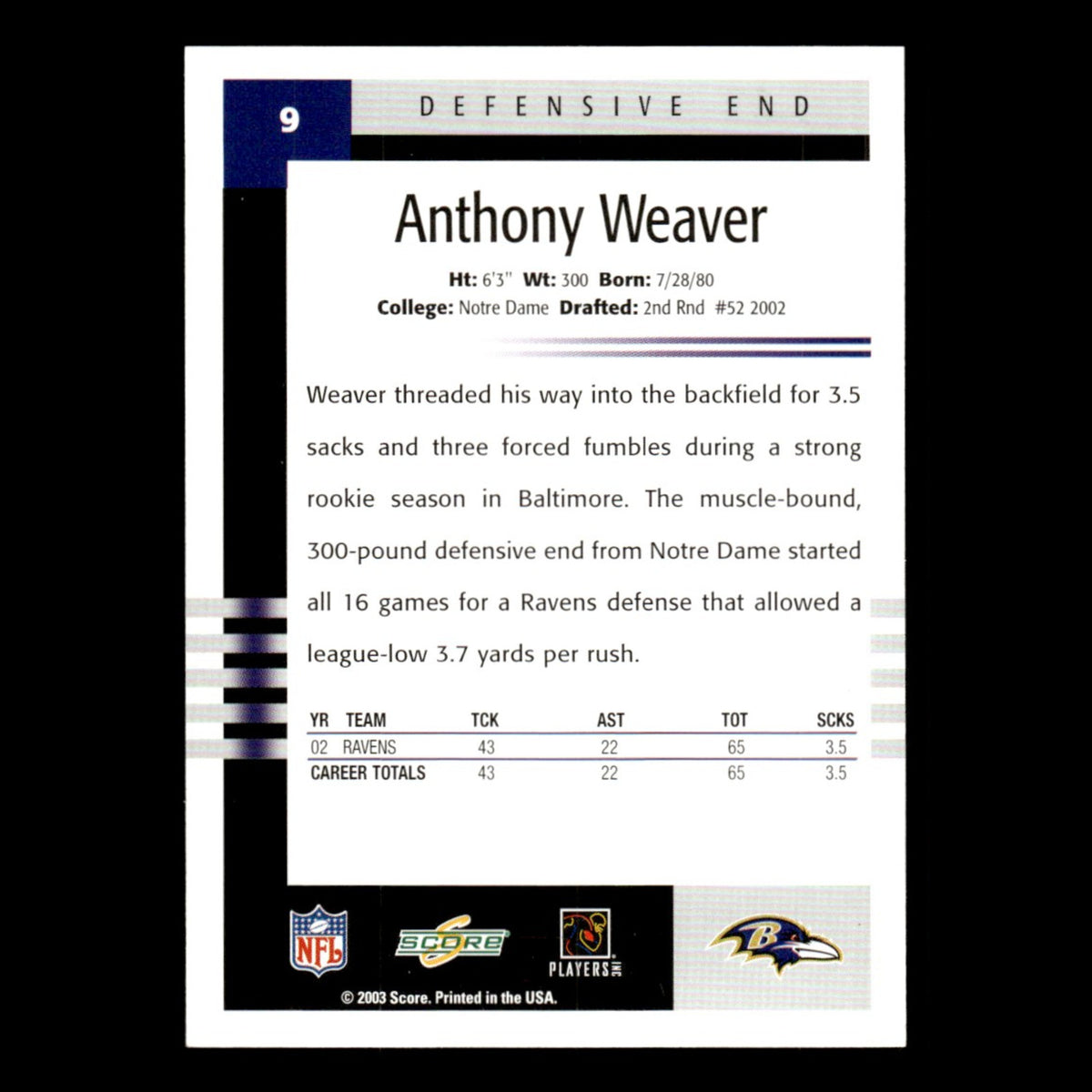 Anthony Weaver #9 2003 Score Baltimore Ravens Football Card NFL NM