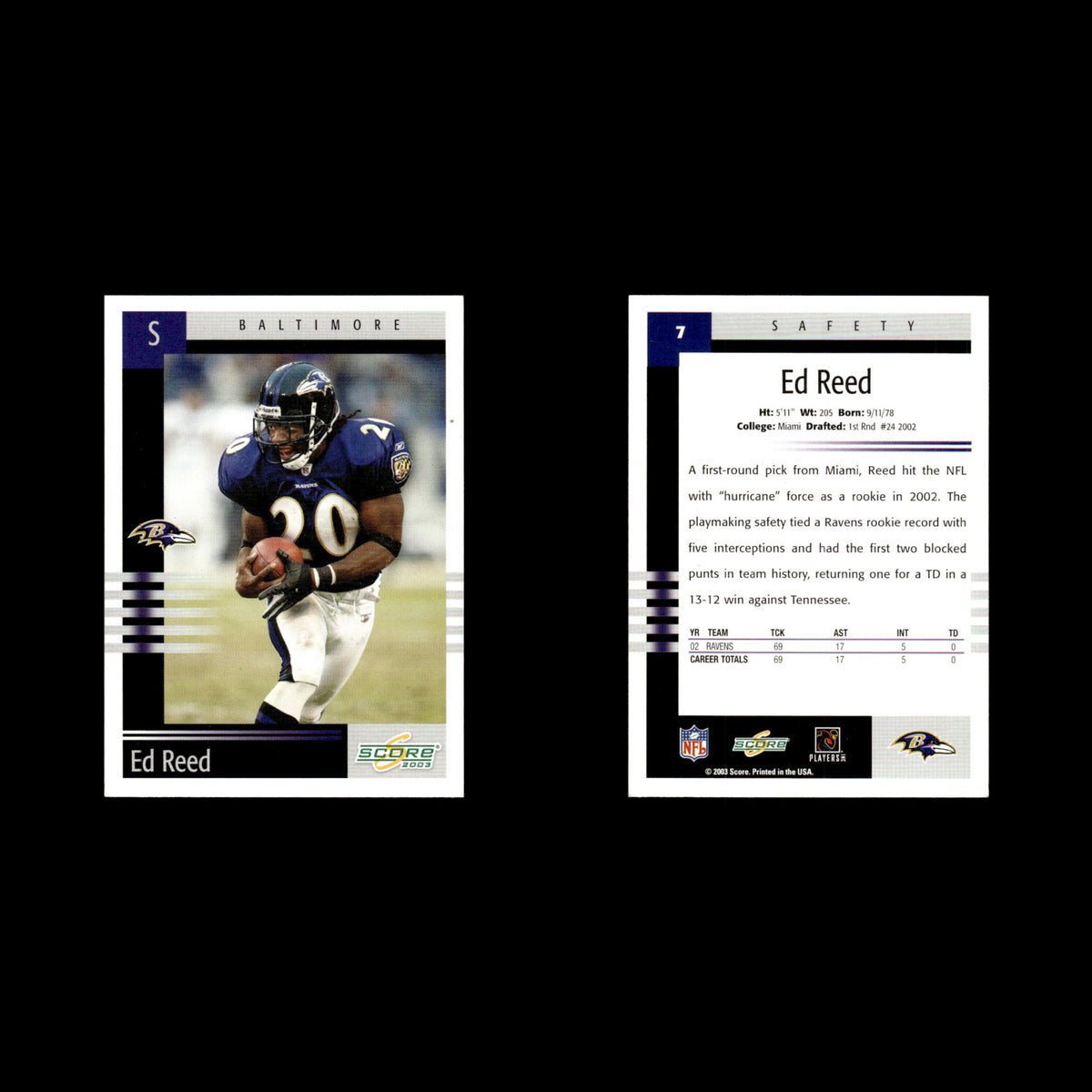 Ed Reed #7 2003 Score Baltimore Ravens Football Card NFL NM