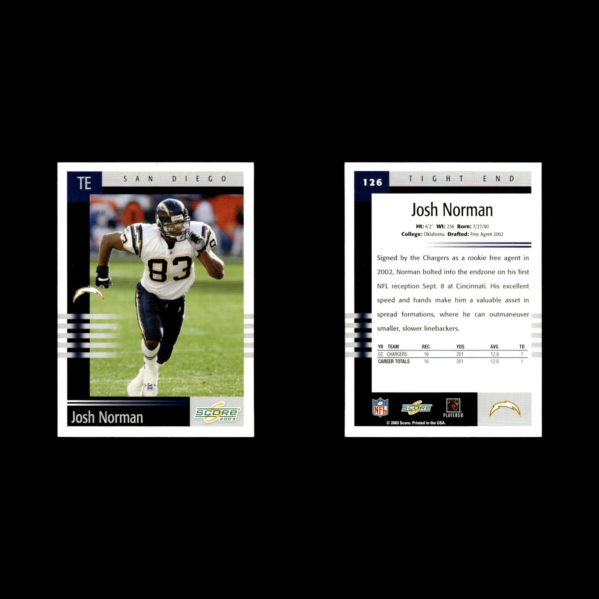 Josh Norman #126 2003 Score San Diego Chargers Football Card NFL NM