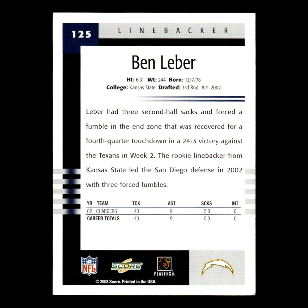 Ben Leber #125 2003 Score San Diego Chargers Football Card NFL NM