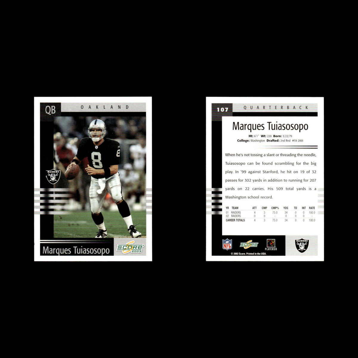 Marques Tuiasosopo #107 2003 Score Oakland Raiders Football Card NFL NM
