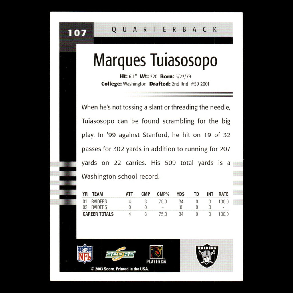 Marques Tuiasosopo #107 2003 Score Oakland Raiders Football Card NFL NM