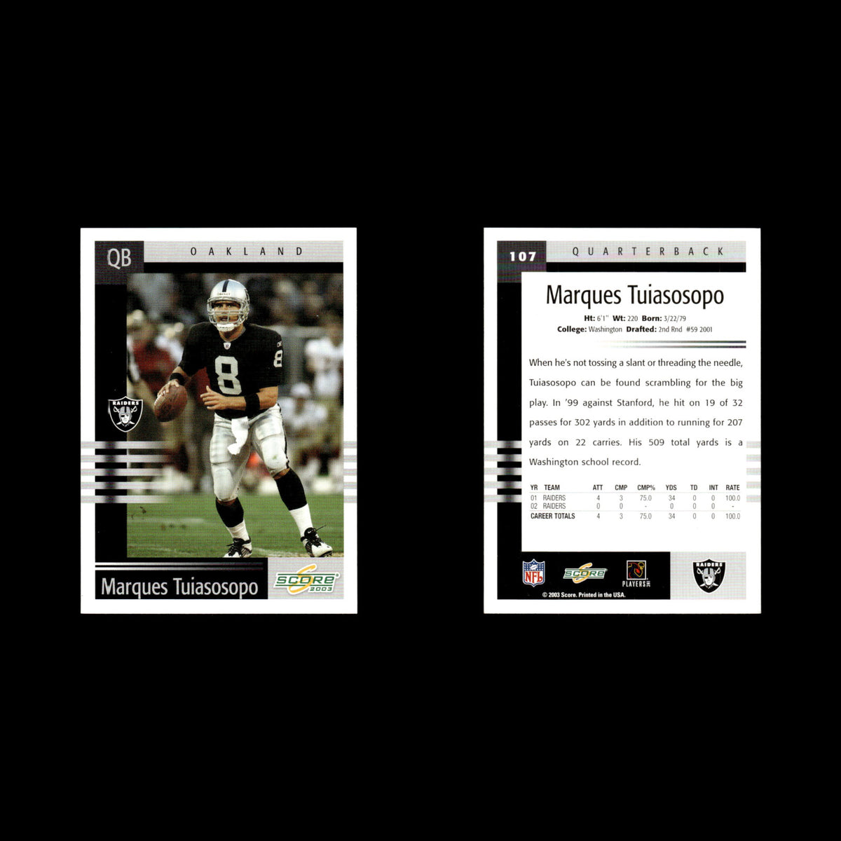 Marques Tuiasosopo #107 2003 Score Oakland Raiders Football Card NFL NM