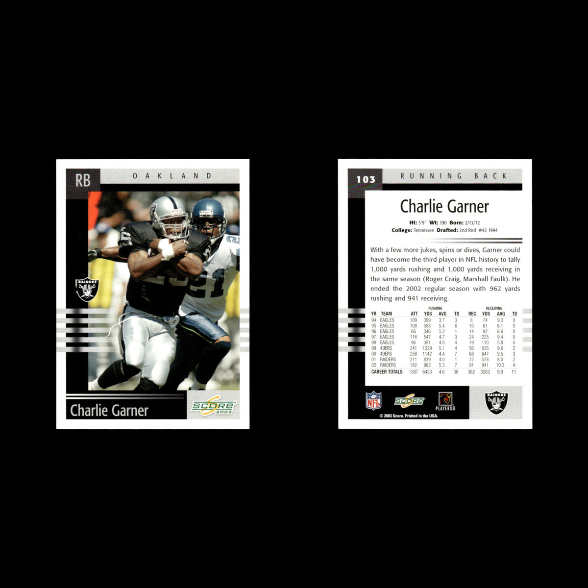 Charlie Garner #103 2003 Score Oakland Raiders Football Card NFL NM