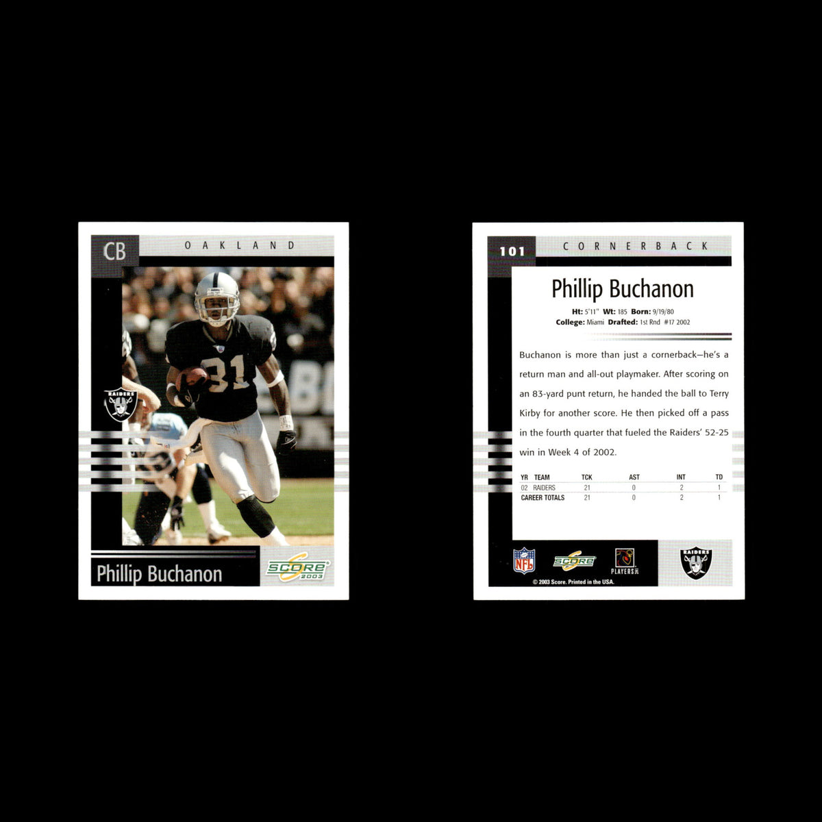 Phillip Buchanon #101 2003 Score Oakland Raiders Football Card NFL NM