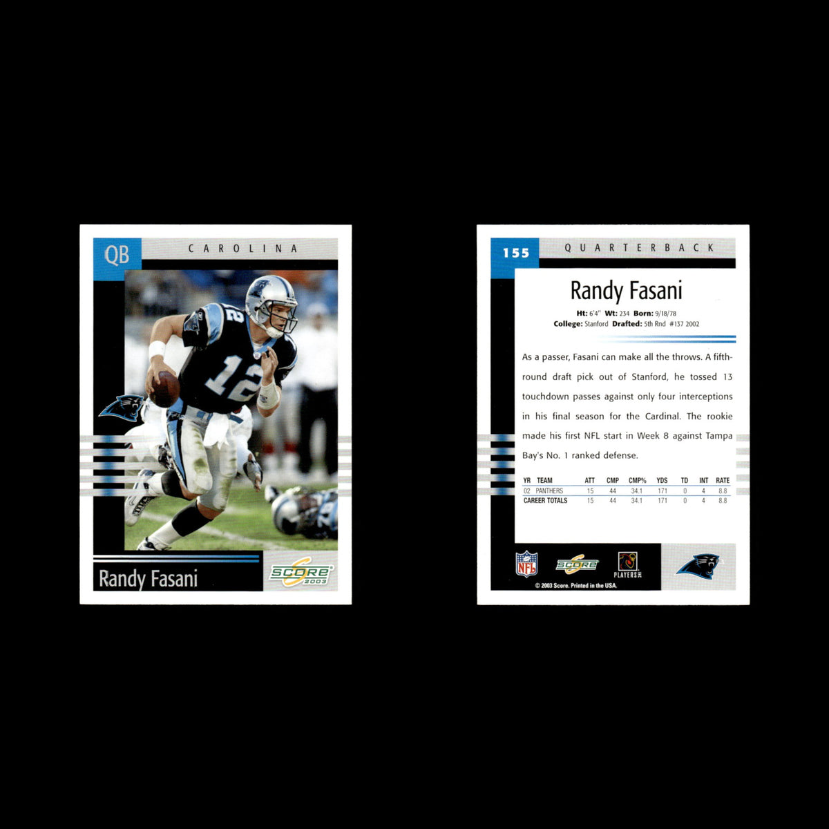 Randy Fasani #155 2003 Score Carolina Panthers Football Card NFL NM