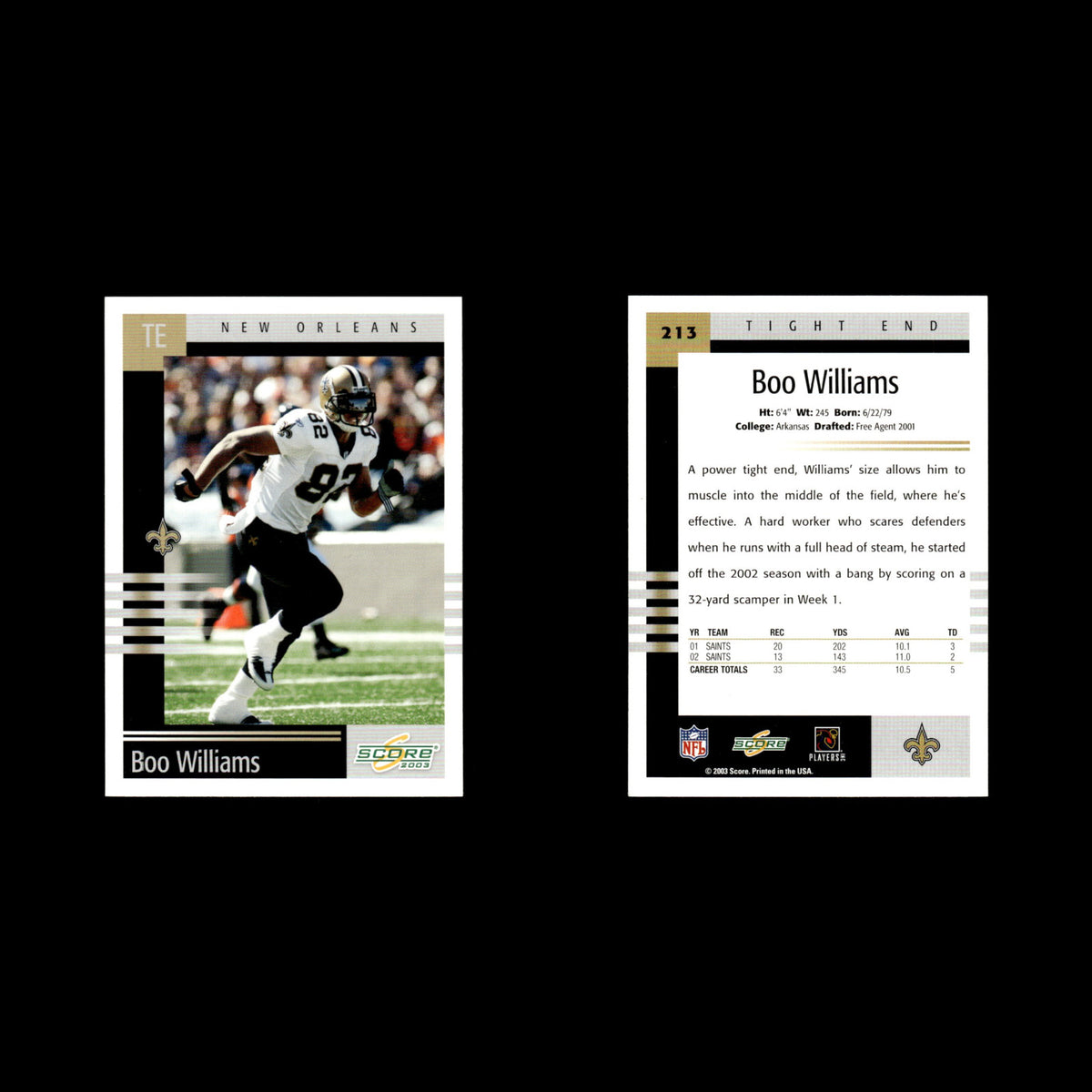 Boo Williams #213 2003 Score New Orleans Saints Football Card NFL NM